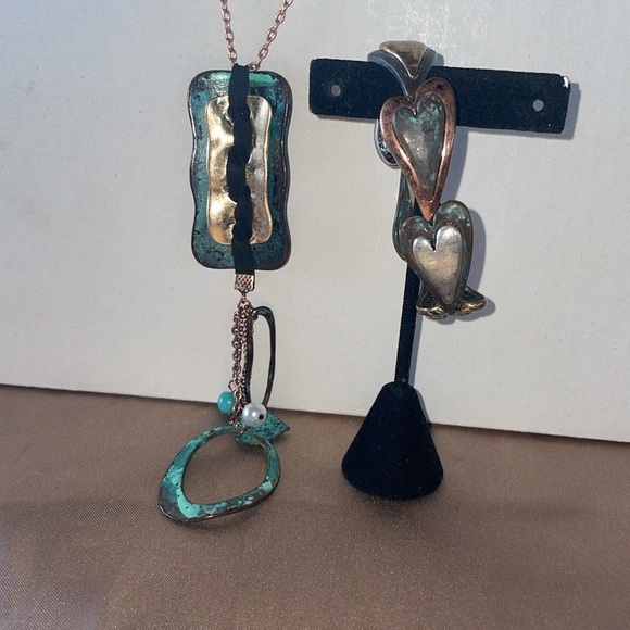 Artisan Patina Copper & Turquoise Bracelet & Necklace Set Mixed Metal Leather - Picture 10 of 12